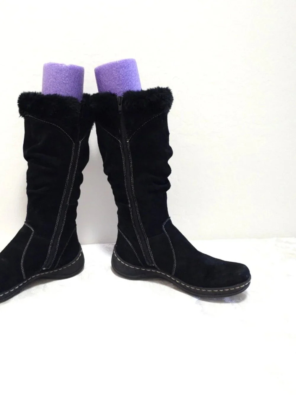 Womens Baretraps ESHA Tall Pac sz 7.5 7 1/2 M Boots Black Faux Fur Trim Side Zip